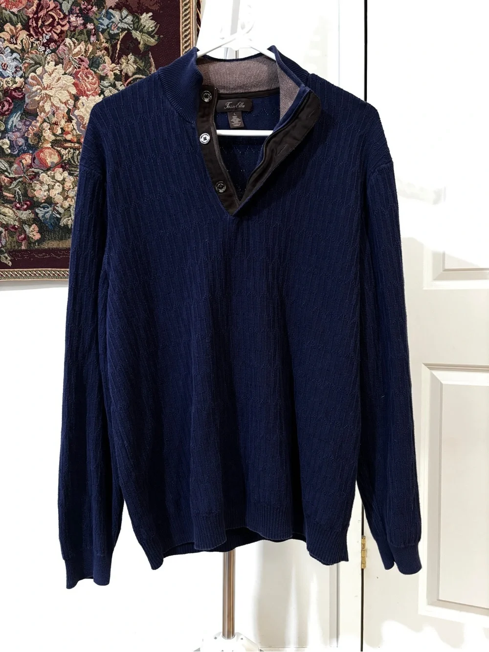 Tasso Elba Navy 100% Cotton Sweater L Faux Suede Elbow Patch Pullover